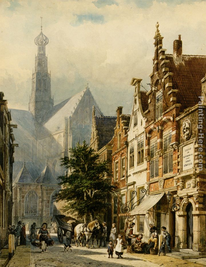 Manu figures in the streets of Haarlem painting - Cornelis Springer Manu figures in the streets of Haarlem art painting